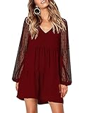 Nature Comfy Womens Casual Ruffle Dress V Neck Lace Long Sleeve Pocket Loose Swing Tunic Dresses Red