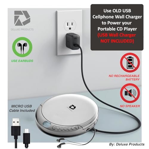 Image of Deluxe Products CD Player Portable with 60 Second Anti Skip, Stereo Earbuds, Includes Aux in Cable and AC USB Power Cable for use at Home or in Car. Silver