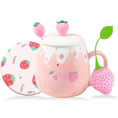 Lista de Tazas con cuchara favoritos de las personas. 49 YaluckyCute - Taza de café rosa de cerámica kawaii, taza de té matutino, taza de leche con tapa encantadora, cuchara de acero inoxidable, novedad creativa, cumpleaños, día de...