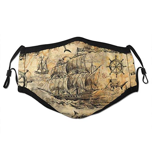 YCHY Face Cover Sailboat Medieval Style Three-masted Sailing Ship, Anchor, Steering Wheel, Shark and Sea Monster Balaclava Unisex Reusable Windproof Anti-Dust Mouth Bandanas with 2 Filters
