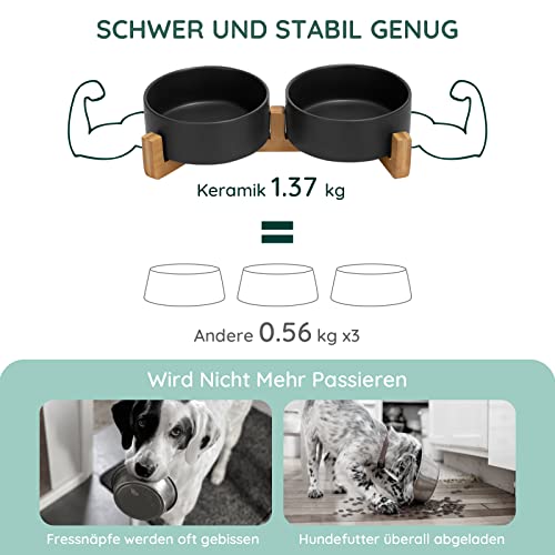 SPUNKYJUNKY Hundenapf Keramik Doppel Hund Futternapf mit Bambus Ständer für Katzen und Hunde (400ml, Schwarz)