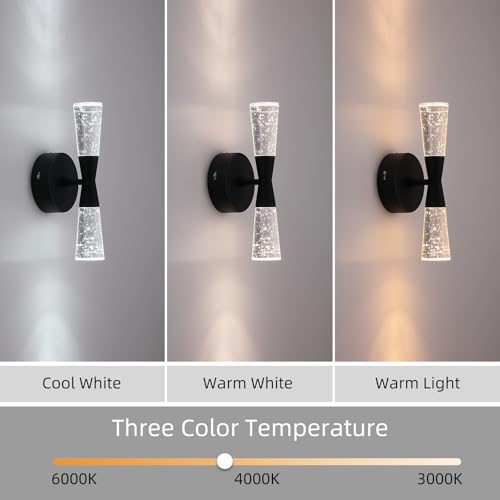 Image of JoollySun Black Wall Sconce Crystal: Dimmable 3-Color (3000K-6000K) LED Bathroom Lighting for Hallway Bedroom Decorative