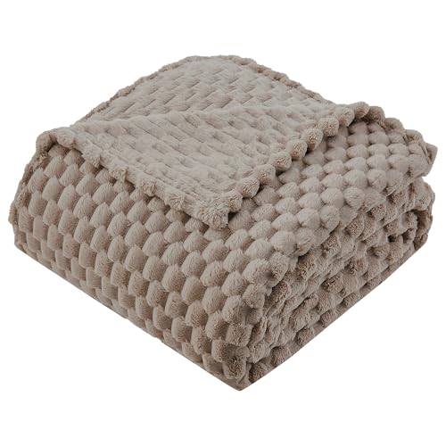 KORBLISS Super Soft Fleece Twin Blanket 50x70 Inches for Couch, Premium Silky with 3D Imitation Turtle Shell Jacquard Decorative Blankets, Lightweight and Cozy for Sofa.Taupe