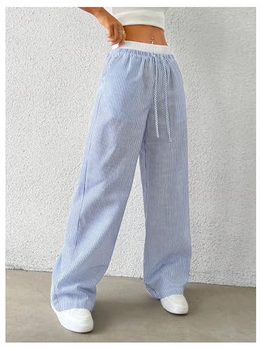 OYOANGLE Women's Stripe Print Drawstring High Waist Pants Casual Wide Leg Trousers with Pockets3