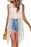 Lace Front Open Sleeveless Top Cardigan Crochet Vest Bikini Cover up Summer Beachwear (as1, Alpha, one_Size, Regular, Regular, C-Cream)
