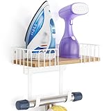 ORLESS Ironing Board Hanger Metal Wall Mount Iron and Ironing Board Holder, Laundry Room Decor and Storage with Large Storage White Wooden Base Basket and Removable Hooks