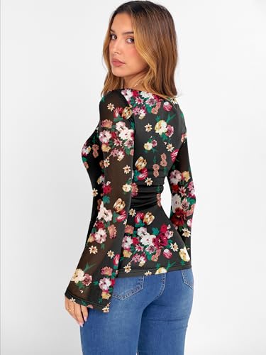 Prinbara Womens Bell Long Sleeve Tops Mesh Floral Boat Neck Double Lined Sheer Night Out Date Skinny Shirts 2025 Fall Clothes4