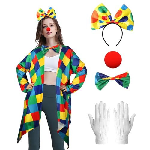 Disfarce de palhaço, conjunto de 6 peças, casaco poncho de palhaço para mulher, acessório de disfarces, fantasia de palhaço para adultos, arco-íris, fantasia de palhaço para Halloween, carnaval
