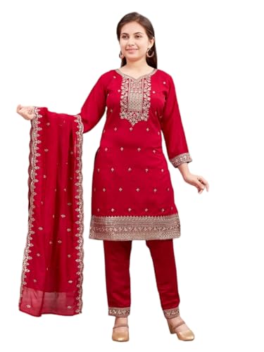Image of Aarika Girls Dark Green Colour Zari Thread Sequin Embroidery Silk Kurti Pant Set