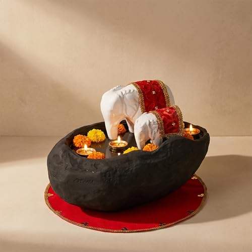 Image of Greymode Yaanai Uruli (White Elephant with Mother & Baby Love) Resembles a Strong Family Bond | Perfect for Home Decor (Divya Kshetram (Uruli + Vasthram + Shuddha peetam))