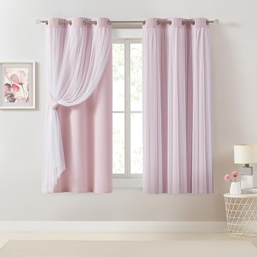 Image of Bujasso Pink Blackout Curtains with Sheer Overlay Mix and Match Double Layer 80% Room Darkening Window Treatment Set for Girls Bedroom Living Room Pink Drapes with Tiebacks Grommet Top 37 inch Wx63 Lx2