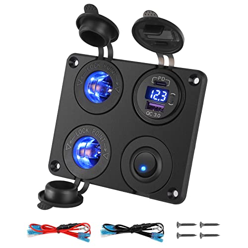 Thlevel Panneau de Prise Chargeur Voiture QC3.0 USB et PD Type C 12V / 24V Prise Allume Cigare Interrupteur Voltmètre pour Bateau Camion Caravane Cover