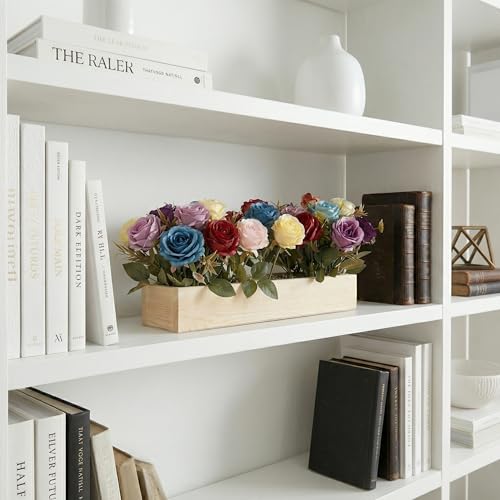 Image of Dekorly Artificial Multi Color Roses Flower Arrangement with Wooden Planter (24 CM) | Premium Realistic Floral Decor for Table & Living Room | Stylish Indoor Decor for Living Room