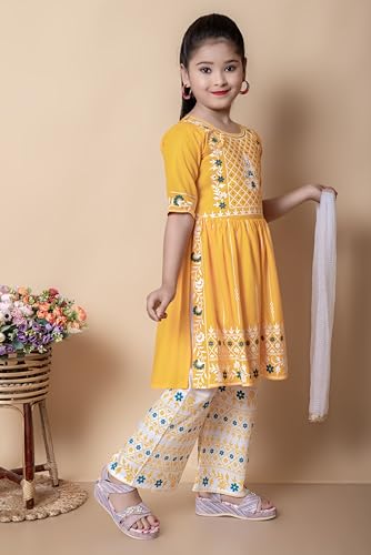 Image of New Badshah Dressesn Indian Ethnic Kids Girls Kurta Straight Pant with Silky Dupatta Dress Set, Cotton Rayon Fabric