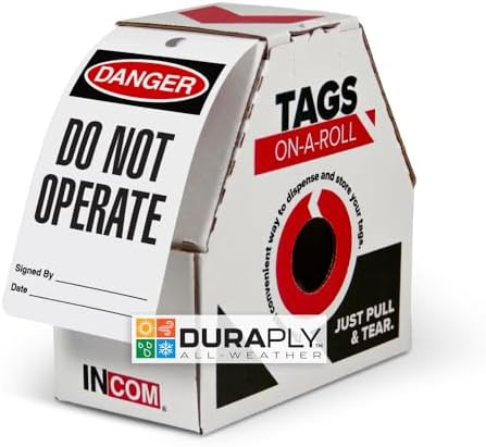 INCOM Manufacturing Lockout Roll Tags,Danger Do Not Operate,Heavyduty/Waterproof/Tear Resistant,Red/Black on White, 6.25 inch X 3 inch100 pack,RT1000C