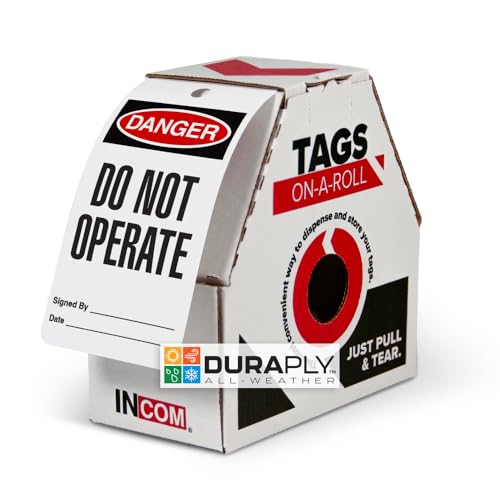 INCOM Manufacturing Lockout Tags On A Roll, Danger Do Not Operate, Heavy-Duty DuraPly™ Stock, Waterproof And Tear-Resistant, Red/Black on White, 6.25 Inch X 3 Inch X 10 Mil Thickness, 100 pack,RT1000C