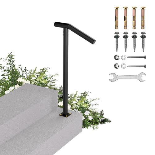 1-2 Step Single Post Handrail-Outdoor Stair Rail- Single Post Wrought Iron Handrail with DIY Tool Kit 38 H Black Hand Rail Powder Coating for Concrete Steps or Wood Stairs