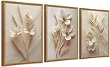 FYLDPSB 3Pcs Framed Neutral Beige Floral Canvas Wall art, Modern Simple Texture Plant Painting Wall Decor, Vintage Flower Poster Prints for Living Room Bedroom Farmhouse Ready to Hang 16''L x 12''W