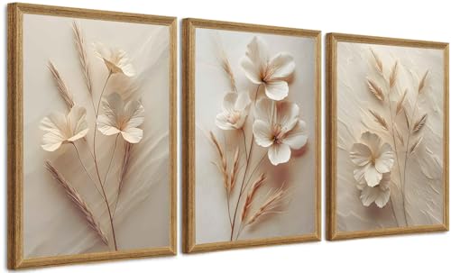 FYLDPSB 3Pcs Framed Neutral Beige Floral Canvas Wall art, Modern