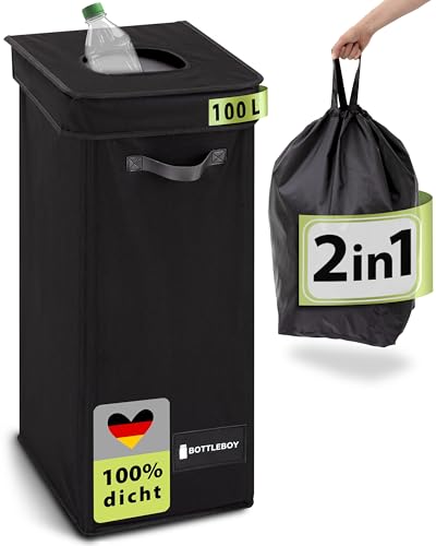 BOTTLEBOY Pfandflaschen Sammelbehälter - inkl. XXL-Tasche 100 L - Geruchsdichter Flaschensammler Leergut - Extra schmaler Pfandflaschen Behälter - Premium Magnet Pfandbehälter (Schwarz)
