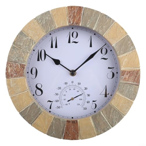 Horloge murale étanche pour extérieur, 25,4 cm, horloge silencieuse en résine avec thermomètre et grands chiffres pour jardin, terrasse, intérieur et extérieur (style 1)