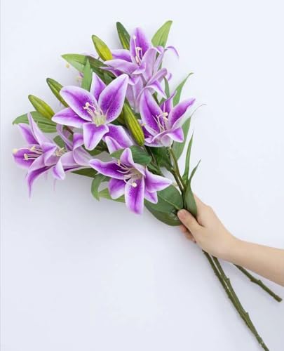 Image of VRB Dec 1 Pcs (3 Head) Lily Artificial Flowers Bunch Foam Flowers Sticks,Lily Artificial Flowers for Home Decor,Bedroom, Living Room, Table, Balcony, Office, Wedding, Pooja (Purple Color)