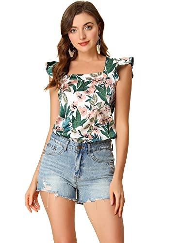 Débardeur imprimé tropical femme tendance été avec volants et col carré chic