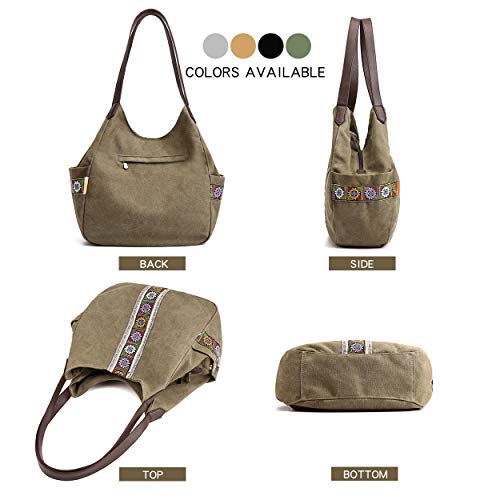 Image of Worldlyda Women Canvas Hobo Purse Multi Pocket Tote Shopper Shoulder Bag Casual Top Handle handbag with Embroidery Ethnic