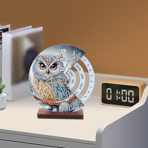 Image of 3D Diamond Art Tabletop Calendar Kit, DIY Wooden Perpetual Desk Ornament with Snow Owl Design, Sparkling Diamond Painting Craft for Winter Desktop Decoration