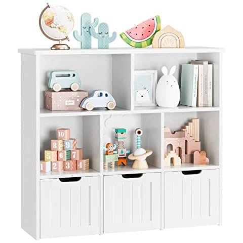 FOTOSOK Toy Storage Organizer with 3 Movable Drawers, Floor Storage Cabinet Toy Chest with Hidden Wheels and 5 Storage Cubbies, Multifunctional Storage Chest for Playroom, White Cover