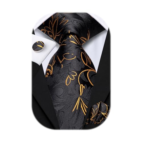 Hi-Tie Mens Black Gold Tie and Handkerchief Set Silk Floral Necktie Pocket Square Cuff-links Sets Wedding Business Holiday