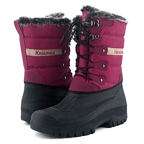 Knixmax Damen Schneestiefel Winterstiefel Warme Gefüttert Hoch Winterschuhe Rutschfest Wasserdicht Gummilaufsohle Weinrot Gr.38 EU