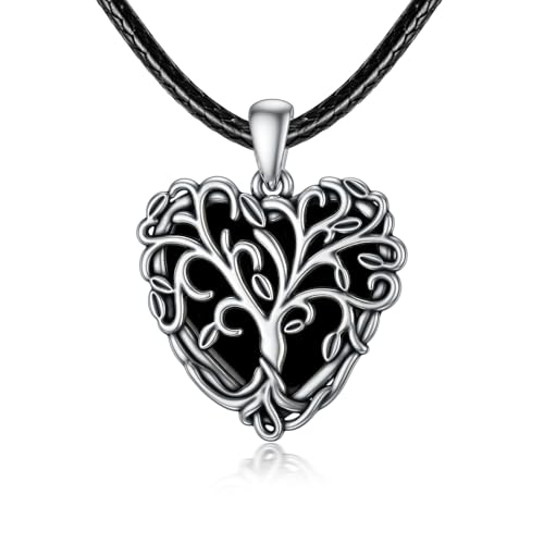 AOBOCO Leather Choker Necklace for Women 925 Sterling Silver Pendant with Crystal from Austria 16''