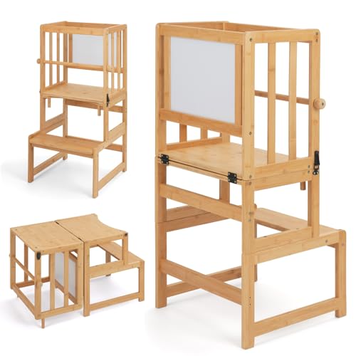 COSYLAND Torre de Aprendizaje de 3 en 1 Bambú para niños - Convertible en Escritorio Infantil y con Pizarra para Dibujar - Niños de 18 Meses a 6 Años para Cocina - Natural Clásico