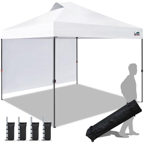 Eurmax USA NOMATTER ONE-Person Open&Close 10x10ft Pop Up Canopy Tent Portable Shelter Canopy for Outdoor Events with 1 Removable Sidewall Instant Canopies Bonus 4 Sand Bags(White)