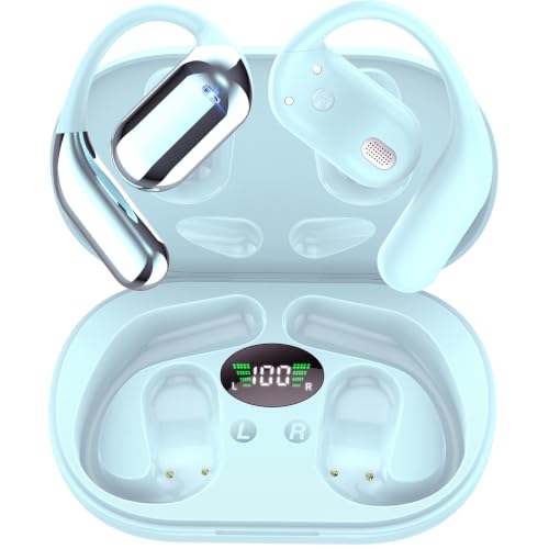 Image of Wireless Open Ear Bluetooth V5.4 Earbuds with Earhooks, HiFi Stereo ENC Earphones with Microphone, Ecouteur Sans Fil Bluetooth IP7 Waterproof, Fit for Sport, Workout and Business, Light Blue