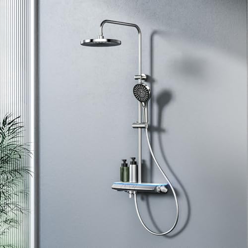 EMKE Duschsystem mit Thermostat Chrom mit LED-Beleuchtung Duschsystem Regendusche, mit 3 Strahlarten Handbrause + Regendusche mit Armatur + Bodennaher Wasserstrahl, Einfache Installation