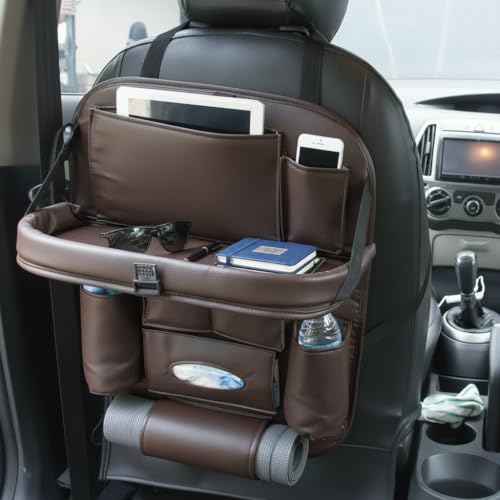 Image of Premium PU Leather Auto Car Back-Seat Organizer with Tray, Multi-pocket Storage, Tablet Holder, Bottle and Tissue Paper Holder, Mobile Holder and Tray for food