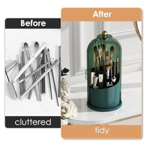Image of YOOLENS Makeup Brush Holder with Lid 360 Rotating Clear Dustproof Make Up Organizers for Vanity Bathroom Countertop, Green