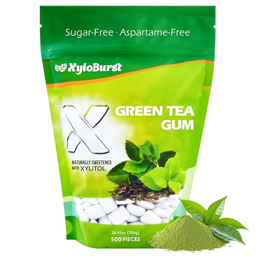 XyloBurst Gum | Xylitol Chewing Gum | Sugar Free, Gluten Free, Keto Friendly | Aspartame Free Gum For Oral Health | Green Tea | 500-Count Bag