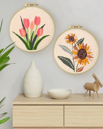 Image of ERKOON Punch Needle Kit Adults Beginners, 2 Pcs DIY Easy Flower Embroidery Set for Starter Art Craft, Needling Punching Project with Patterns, Tools, Yarns, Hoop, Instruction (Sunflowers & Tulips)