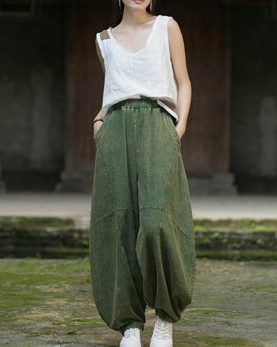 LUZU JUNU Women's Vintage Cotton Linen Baggy Pants Elastic Waist Wide Leg Lantern Casual Trousers Loose Fit2