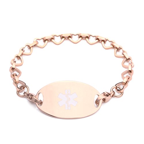 Medical ID Stainless Rose Gold Mini Heart Link Bracelet - DIABETES (Diabetes on Insulin)
