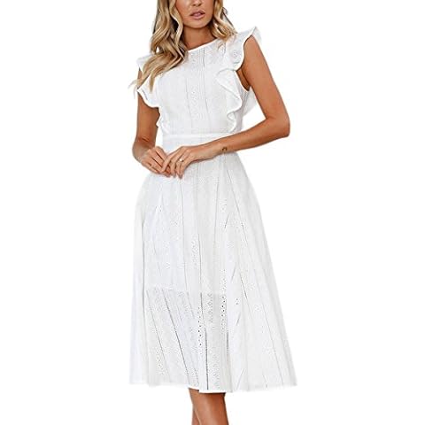 ECOWISH - Vestido midi de verano con mangas casquillo y volantes estilo acampanado Cover