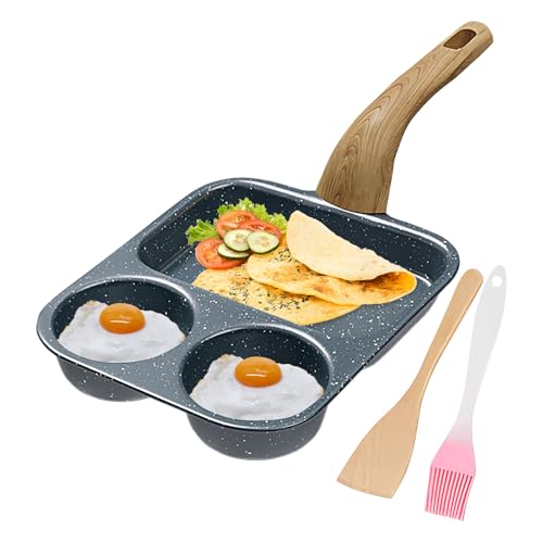 Sartén para huevos, sartén antiadherente de 3 compartimentos, sartén para panqueques con espátula, cocina con mango resistente al calor, herramienta de cocina para tortilla, tocino, preparación de