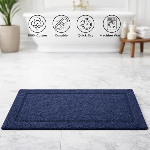 Image of Premium Combed Cotton Tufted Bathmat 45 x 65 cm, 1800 GSM Soft Absorbent Anti Skid Bathroom Floor Mat with Latex Backing, Quick Dry Non Slip Bath Rug for Shower and Daily Use, Race Track Navy