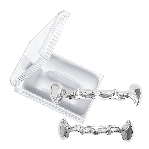 Beetest Dents du Hip-Hop, Vampire Top Bottom Row Faux Canine Caps Caps Set Hip Hop Style Dent Cap Grill Crocs avec Boîte d'emballage pour Halloween Party Photo Accessoires Argent Plaqué