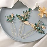 Latious Wedding Bride Leaf Hair Pins Vintage Gold Emerald Green Crystal Bridal Hair Pieces Rhineston