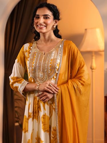 Image of Libas Printed Georgette Anarkali Kurta With Trousers and Dupatta
