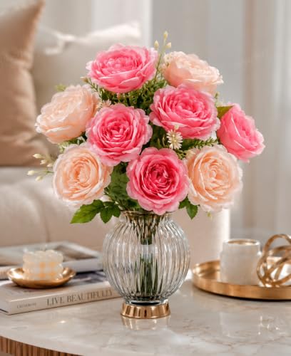 Image of Divyakosh Artificial Flower for Vase (10 Peony Flower Heads), Artificial Flowers Bunch (Vase Not Included), Luxury Floral Centerpiece for Living Room Dining Table Office Decor